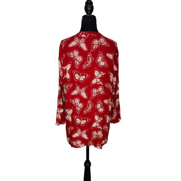 Butterfly Print Tunic Long Sleeve Casual Rayon Blouse Red‎ Bohemian Size XL USA - Picture 2 of 8
